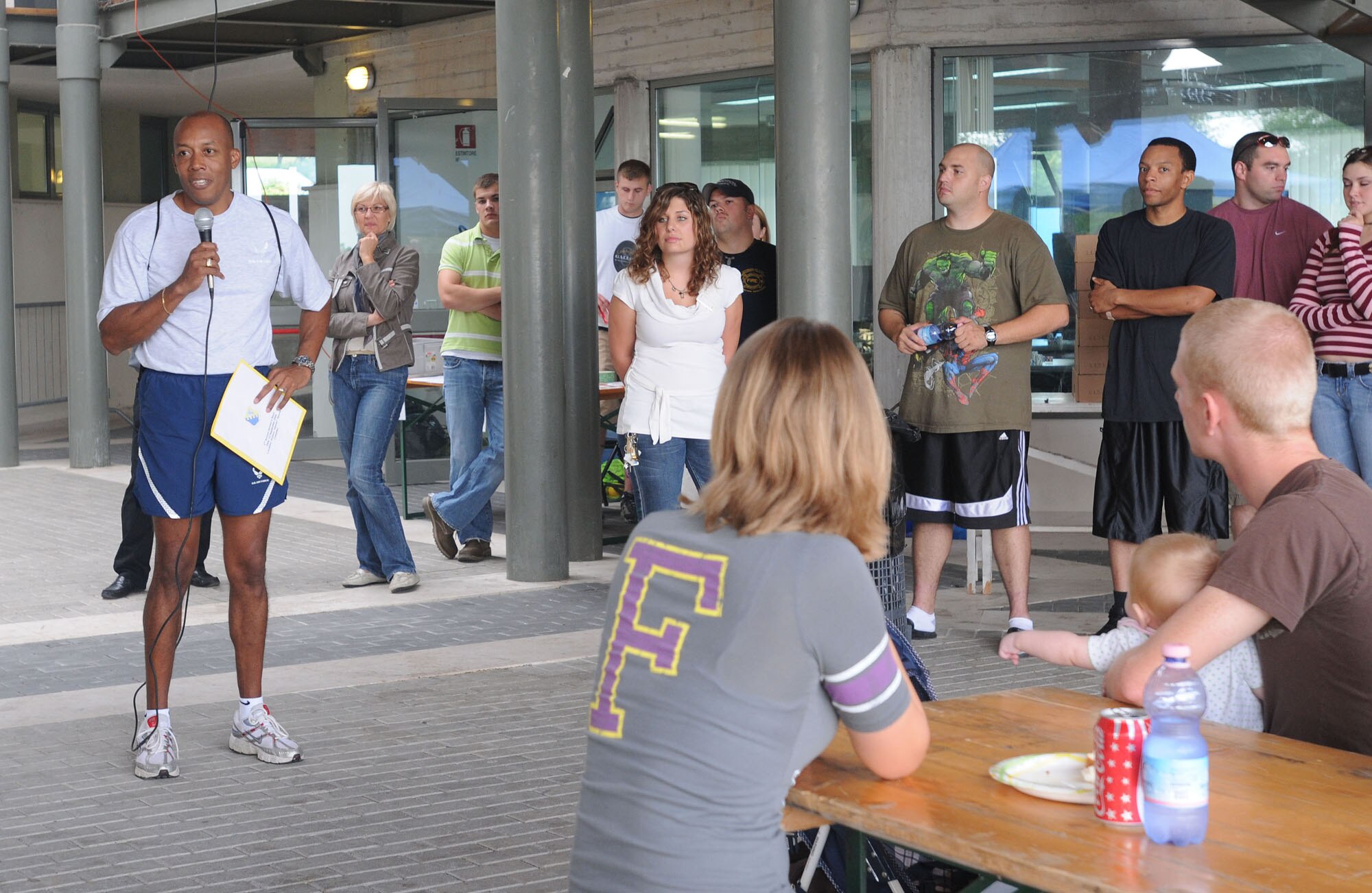 Col. C. Q. Brown Jr., 31st Fighter Wing commander, welcomes Airmen to the Second Annual Airmen's Bash Sept. 12, 2009 at the 'I Visinai Sports Complex' in Aviano.  Hundreds of Airmen grades E-1 to E-4 and their families attended the free event, which included a variety of tournaments, live music, food and prizes. (U.S. Air Force photo/Airman 1st Class Ashley Wood)   