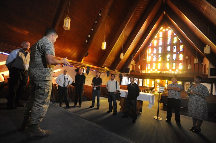 NELLIS AIR FORCE BASE NEV.,-- Chaplain (Capt.) David Horton, 99th Air Base Wing chaplain, speaks about the role of a military chaplain to more than 20 clergymen from the Las Vegas community, who were invited to attend a clergy day, Sept. 15. The clergy day, a first for Nellis,  was hosted by Col. Dave Belote, 99th Air Base Wing commander and the 99th Air Base Wing chaplains. The guests were shown various organizations, which included the base chapel, the Thunderbirds hangar and museum, the flight line, the Crosswinds Dining Facility and the Samek Airmen's Center. Nellis leadership invited Jewish, Christian and Muslim clergymen to show them a day in the life of an Airman at Nellis.  (U.S. Air Force photo by Tech. Sgt. Michael R. Holzworth)