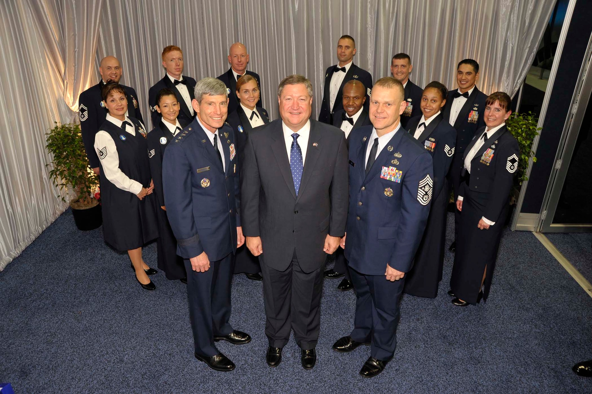 Air Force Chief of Staff Gen. Norton Schwartz, Secretary of the Air Force Michael Donley and Chief Master Sergeant of the Air Force James Roy pose with the 12 Outstanding Airmen at the Air Force Association Air and Space Conference and Technology Exposition on Sept. 14, 2009, in Washington. (U.S. Air Force photo/Michael J Pausic)
