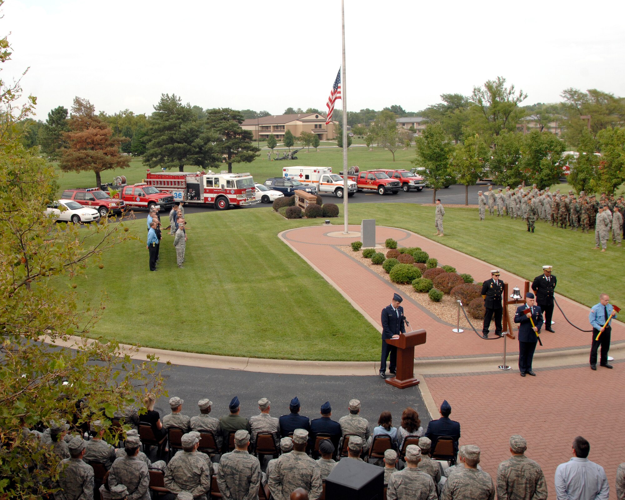 Public safety Airmen and local civilian safety representatives attend a Patriot Day retreat ceremony, Sept. 11, 2009, at McConnell Air Force Base, Kan.  Shortly after the 9/11 attacks, the House of Representatives passed Joint Resolution 71, signed by former President George W. Bush,  designating Sept. 11 as Patriot Day. (U.S. Air Force photo/Senior Airman Laura Suttles)