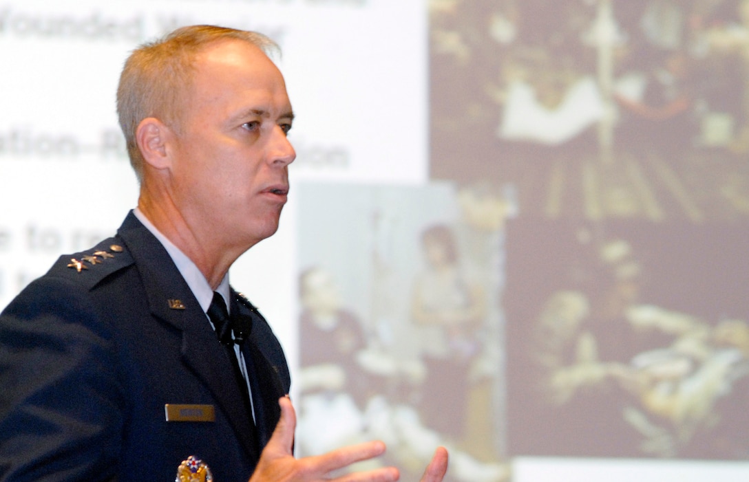 Lt. Gen. Richard Newton, deputy chief of staff for manpower and personnel, addresses conference attendees at the 2009 Air Force Association Air & Space Conference and Technology Exposition Sept. 15, 2009,  in Washington D.C. During his speech, Gen. Newton discussed "Year of the Air Force Family" and the many challenges Airmen and their families face during the current operations tempo. (U.S. Air Force photo/Master Sgt. Stan Parker)