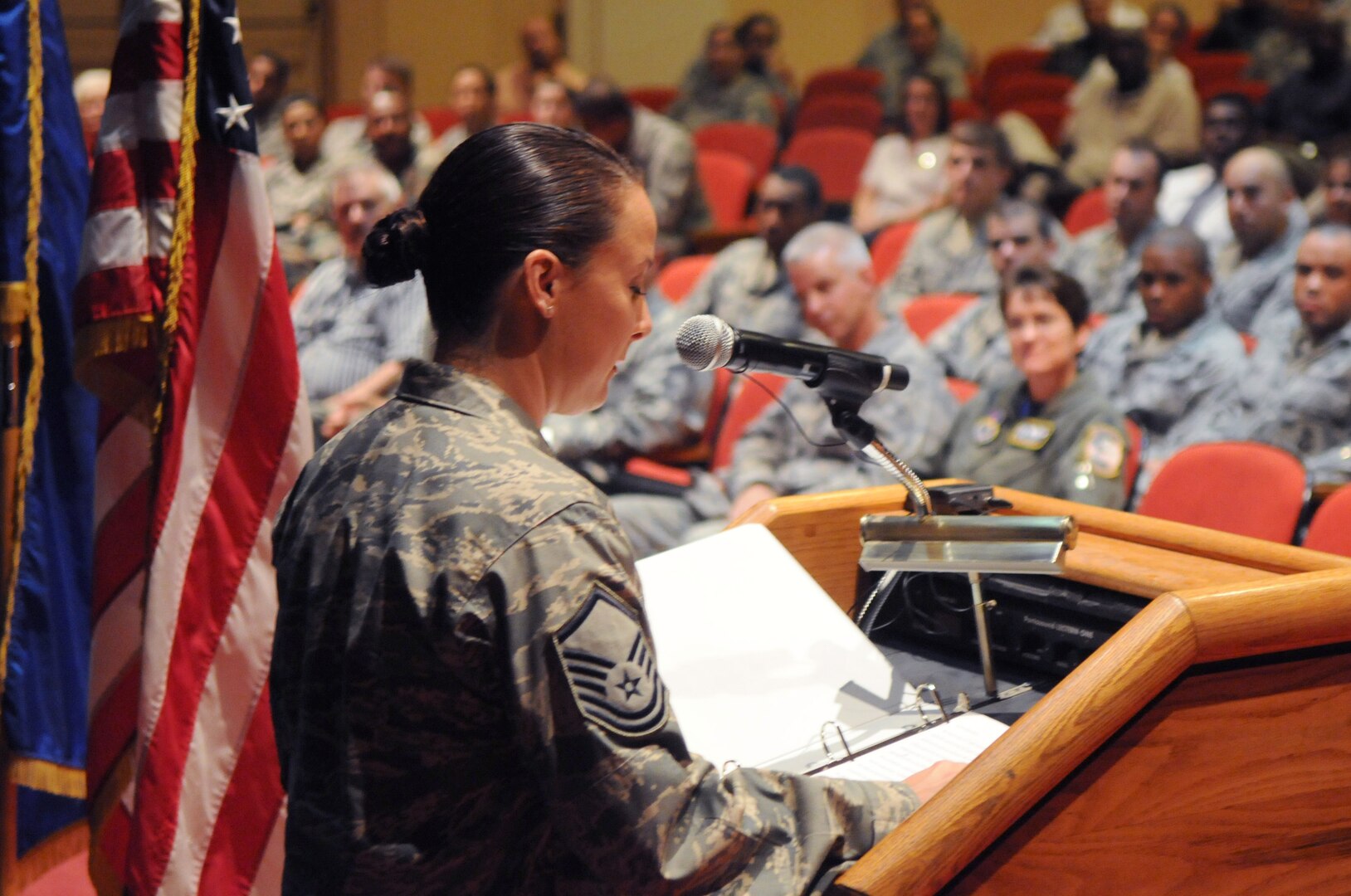 Randolph AFB, TX, 11 Sep 09:  MSgt Jennifer Sullivan, HQ Air Force Recruiting Service, speaks to members of Randolph, during a Retreat Ceremony, Commemorating Patriots Day. MSgt Sullivan was in the Pentagon on Sept. 11, 2001.  (U.S. Air Force photo by Rich McFadden)