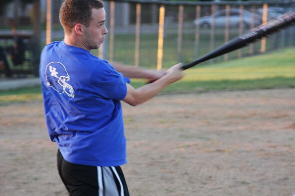 WRIGHT-PATTERSON AFB, Ohio - Senior Airman John Stidham, 445th Aircraft Maintenance Squadron, is at bat during the second annual Wright-Patterson Air Force Base Active Duty vs. Reserve Softball Challenge Sep. 12, 2009.  (Air Force photo/Tech. Sgt. Jeremy Caskey) 