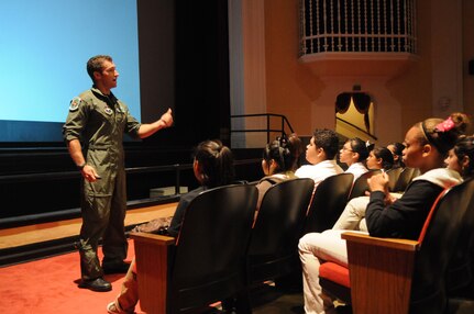 Maj. Joel Neeb, 560th Flying Training Squadron, briefs members of Giving Americans Motivational Education for the Real World, GAMER, from Fox Technical High School, on his success since joining the Air Force, as part of thier Randolph motivational tour.  (U.S. Air Force photo/Rich McFadden)