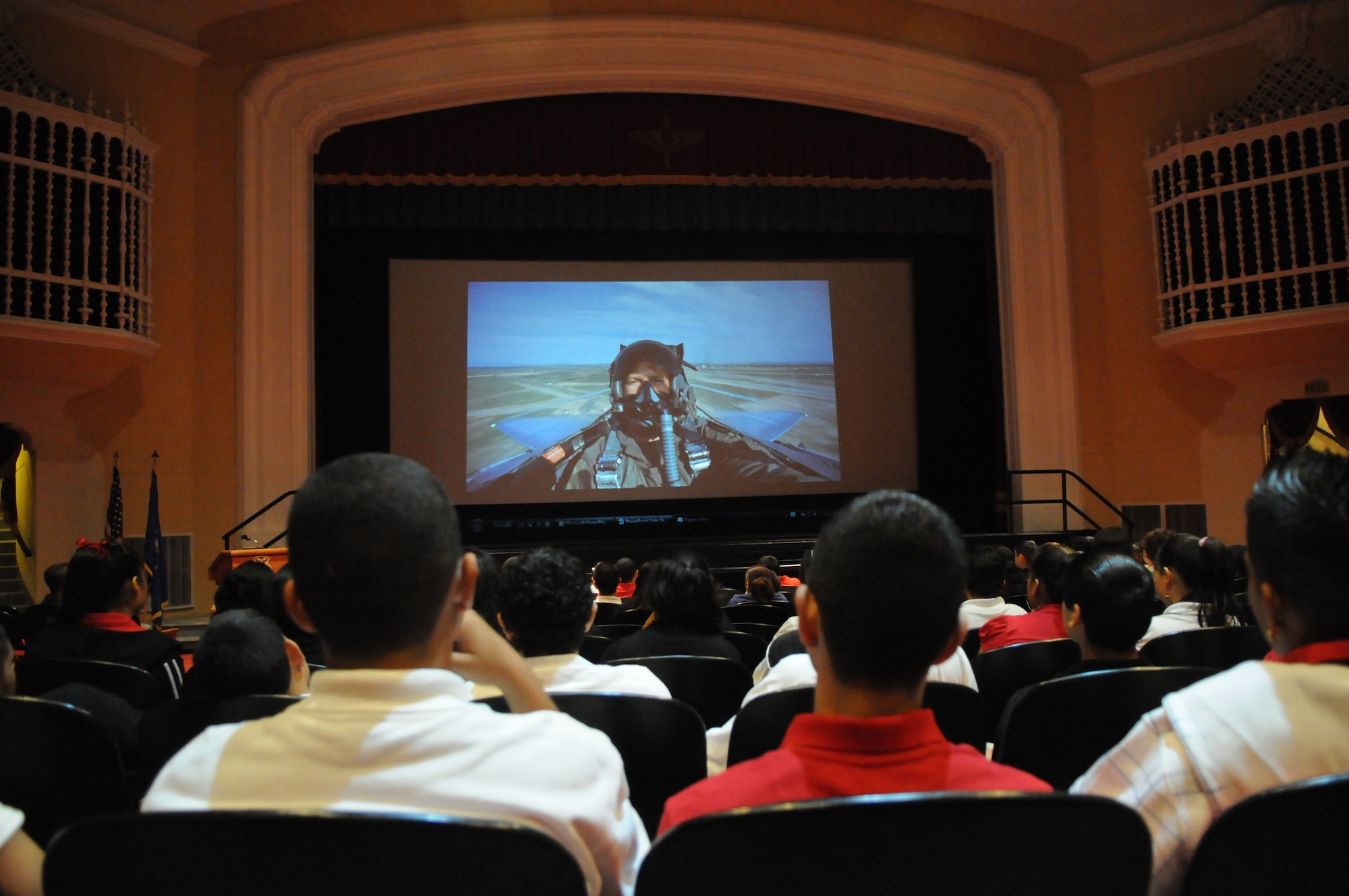 Members of Giving Americans Motivational Education for the Real World, or GAMER, from Fox Technical High School, watch a film about fighter pilots as part of thier Randolph motivational tour.  (U.S. Air Force photo/Rich McFadden)