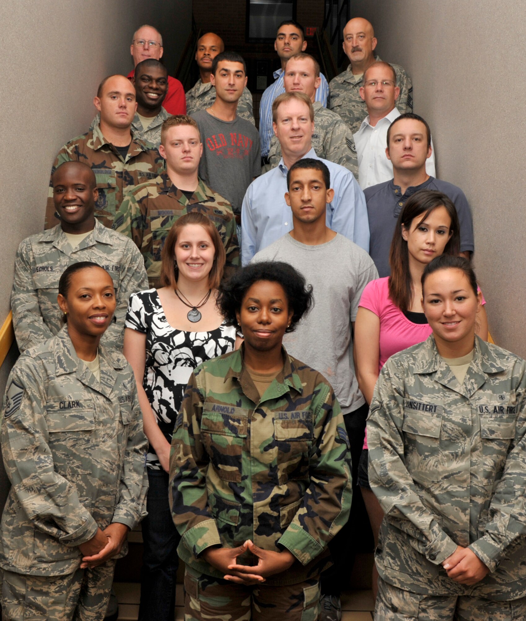 The following Airmen joined the 931st Air Refueling Group in September: (1st row, right to left) Master Sgt. Carolyn Clark, Senior Airman Ayana Arnold, Airman Leeann Vansitter, (2nd row) Airman Basic Timothy Echols Jr., Airman 1st Class Andrea Lucy, Senior Airman Antonio Street, Airman 1st Class Susan Tadsen, (3rd row) Senior Airman Conrad Burkholder, Senior Airman Troy Woods, Lt. Col. Charles Powell, Senior Airman Jeremy Smith, (4th row) Airman 1st Class Marvin Green, Senior Airman Kenneth Layton, Senior Airman Aaron Razak, Staff Sgt. Jon Vesser, (5th row) Staff Sgt. John Allen, Tech. Sgt. Anthony Primus, Senior Airman Nicholas Horine, and Senior Master Sgt. Casey Wheeler Jr. (U.S. Air Force photo)