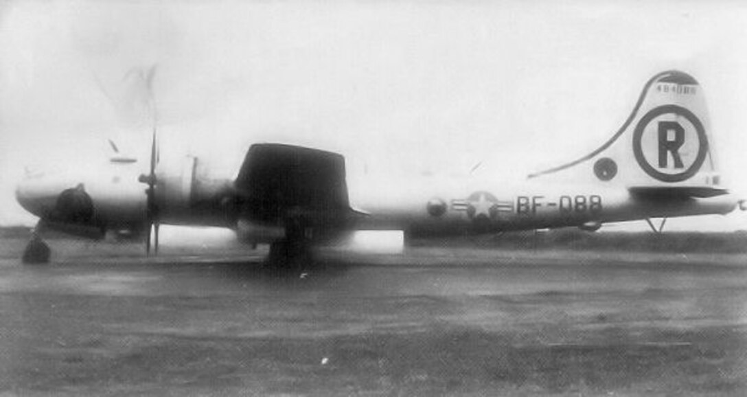 A B-29 Superfortress is parked in the aircraft parking area at Royal Air Force Scampton, England. This B-29 was part of several deployed from Ellsworth during the Berlin Airlift in 1948.  The B-29s were sent as a deterrent against communist aggression in Germany.  While the communist forces significantly outnumbered the Western military units conducting the humanitarian operation, the lethality of U.S. airpower from World War II was still a fresh memory. This deployment helped deter communist aggression and the airlift was successful.