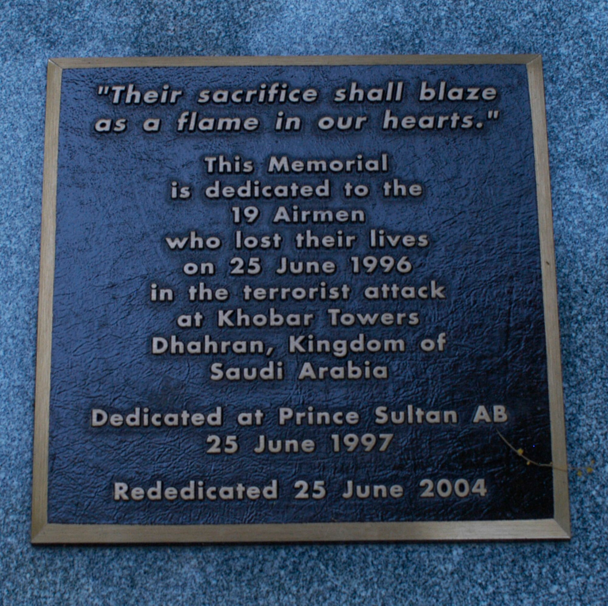 DAYTON, Ohio - The Khobar Towers memorial plaque in Memorial Park at the National Museum of the U.S. Air Force. (U.S. Air Force photo)