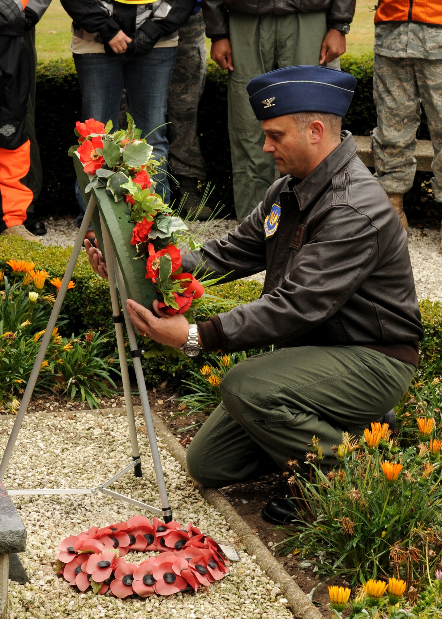 RAF MILDENHALL, England – Col. Michael F. Winters 100th Air Refueling Wing vice commander lays a wreath at the Prisoner of War/Missing in Action memorial Sept. 15. The ceremony was one of several events to remember and honor those men and women who were POW/MIA. (U.S. Air Force photo/ Staff Sgt. Jerry Fleshman)