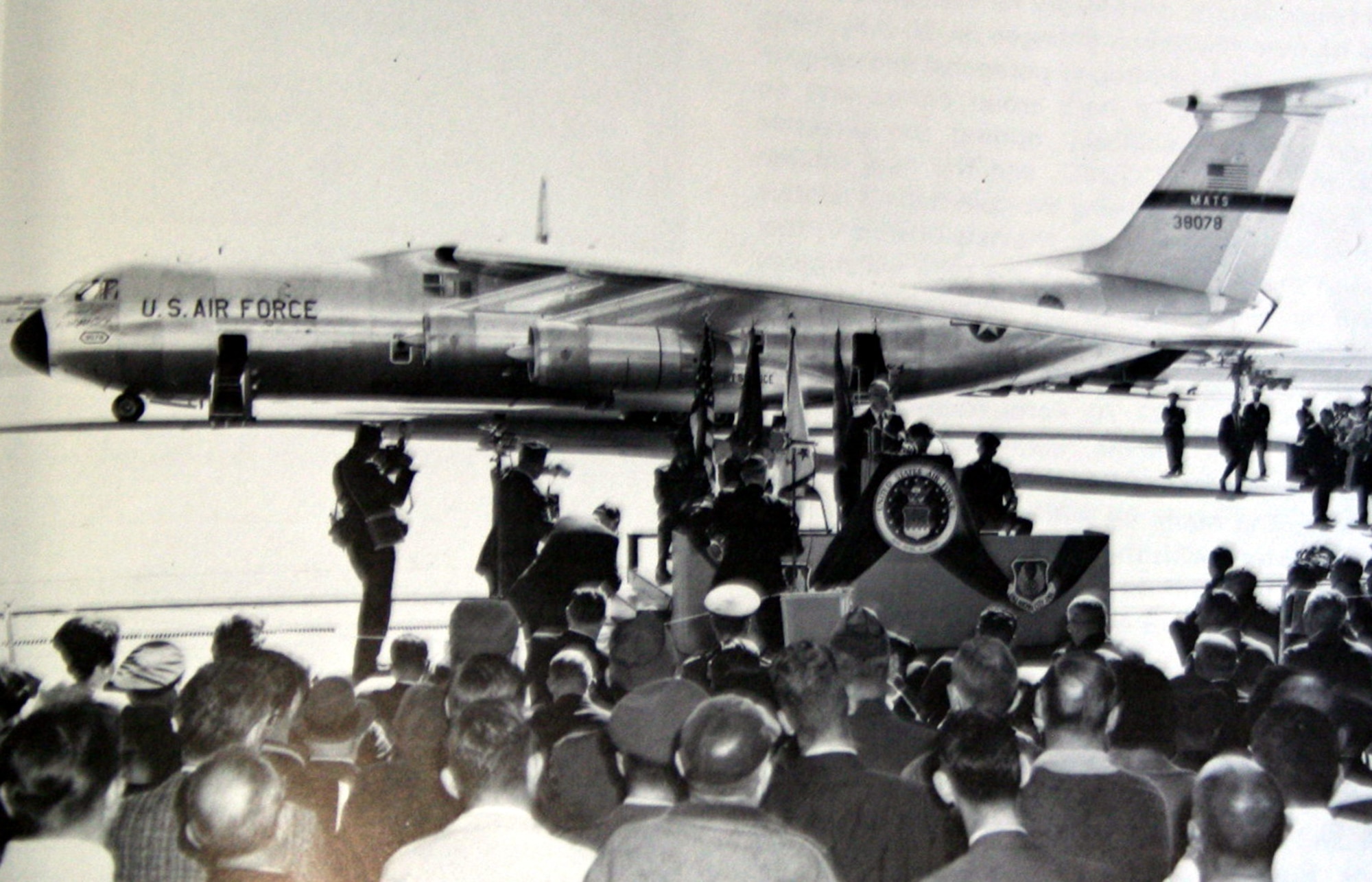 The first C-141 Starlifter to enter the Military Air Transport Service fleet is unveiled in a ceremony at Tinker Air Force Base, Okla., on Oct. 19, 1964. Able to move the Army's troops anywhere in the world, the new jet gave the United States an instant response capability when it began operational missions in 1965. (U.S. Air Force History Photo)
