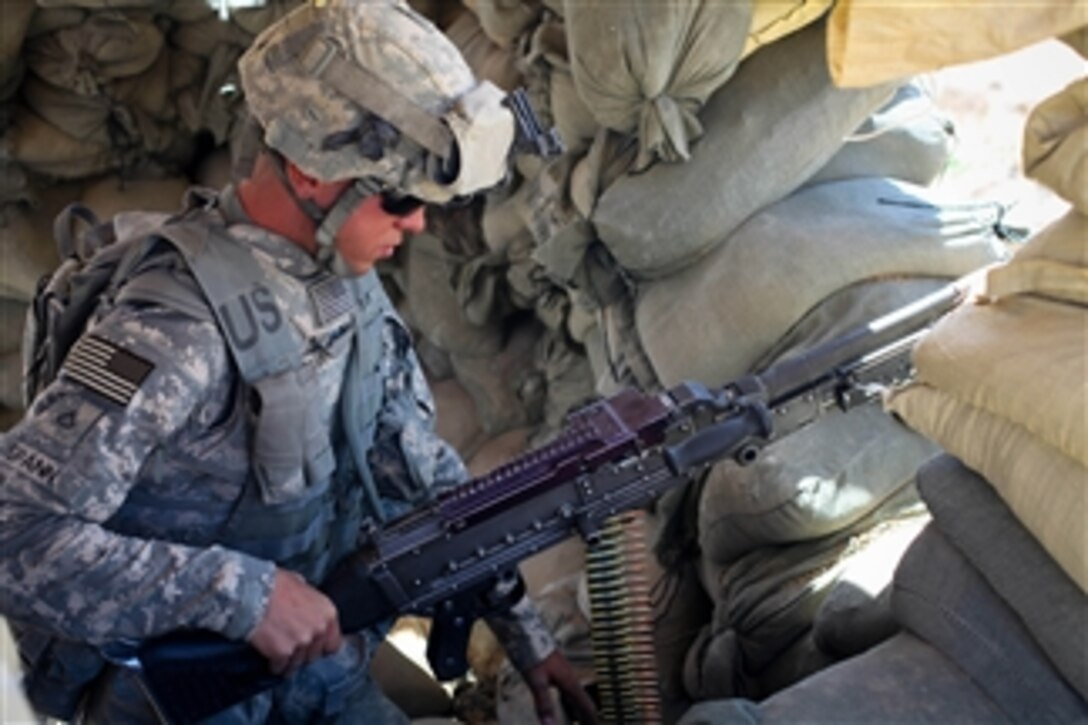 U.S. Army Pfc. Joshua Spann, assigned to Bravo Company, Division Special Troops Battalion, 82nd Airborne Division, loads a belt of 7.62 mm NATO rifle rounds into his M-240B machine gun at a compound in the Kohi Safi district of Parwan province, Afghanistan, on Sept. 6, 2009.  