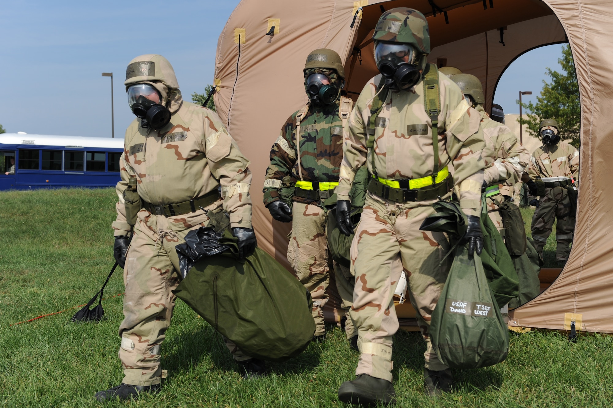 WHITEMAN AIR FORCE BASE, Mo. – Members of the 442nd Fighter Wing proceeds to the next station while processing through a chemical line during an exercise, Sept. 16. The 442nd Fighter Wing has exercise to ensure their members remain current on their readiness training. (U.S. Air Force Photo/ SrA Cory Todd)