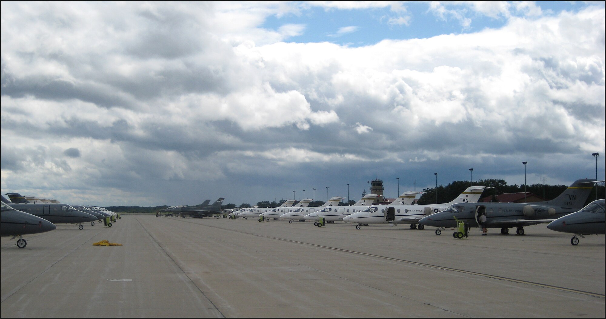 T-1A Jayhawks from the 32nd Flying Training Squadron sit on the ramp at the Combat Readiness Training Center in Alpena, Mich. During the squadron’s deployment to Alpena Aug. 21-24, the unit had a 100 percent mission rate with 44 of 44 launches. (Photo/ Capt. Anthony Cannone)