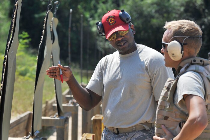 Staff Sgt. Errol Samuel instructs Capt. Andrew Cawood on aiming procedures during the M-16 qualification course at Naval Weapons Station Charleston, S.C., Sept. 10. Combat arms instructors' mission supports global combat operations and installation force protection activities by ensuring weapons proficiency for each student. Sergeant Samuel is a combat arms instructor with the 437th Security Forces Squadron and Captain Cawood is a contracting officer with the 437th Contracting Squadron. (U.S. Air Force photo/ James M. Bowman)