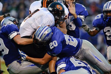 Ro-Hawks safety Matt Atwell stops a Karnes City Badgers at the line during the first quarter of the Ro-Hawks first home game Friday September 11, 2009. (U.S. Air Force photo/Steve Thurow)