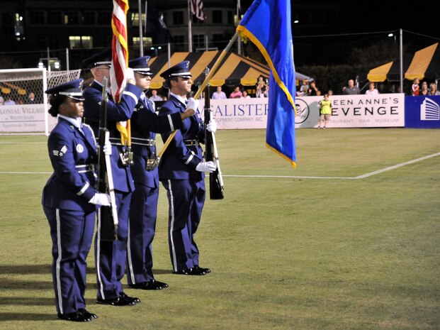 The Charleston AFB honor guard present the colors during pre-game ceremonies in support of the Charleston Battery soccer team's military appreciation night held at Blackbaud Stadium on Daniel Island Sept. 11. The Charleston Battery traditionally holds two military appreciation nights during the year with the first held in June and the second in September. (U.S. Air Force photo/James M. Bowman)