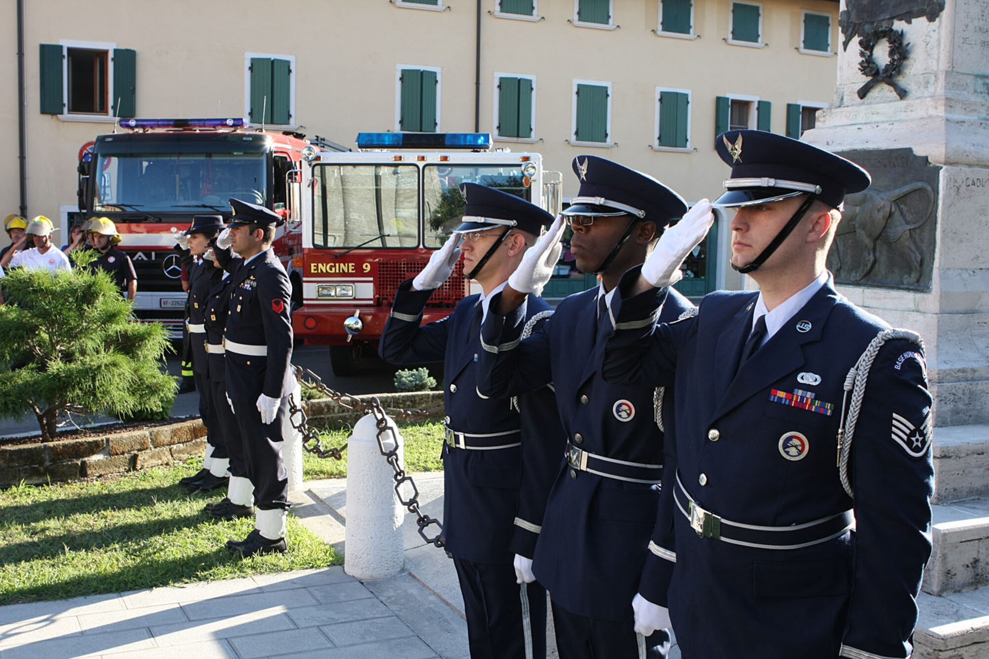 An honor guard details from the 31st Fighter Wing takes part in the opening ceremonies of the 8th Annual Italian-American Friendship Festival held in Roveredo, Italy, Sept. 5, 2009.  The annual festival allowed American participants stationed at Aviano Air Base to meet and socialize with their Italian hosts while learning more about Italy's history and culture and sampling local cuisine.  (Courtesy photo/Michele Missinato)