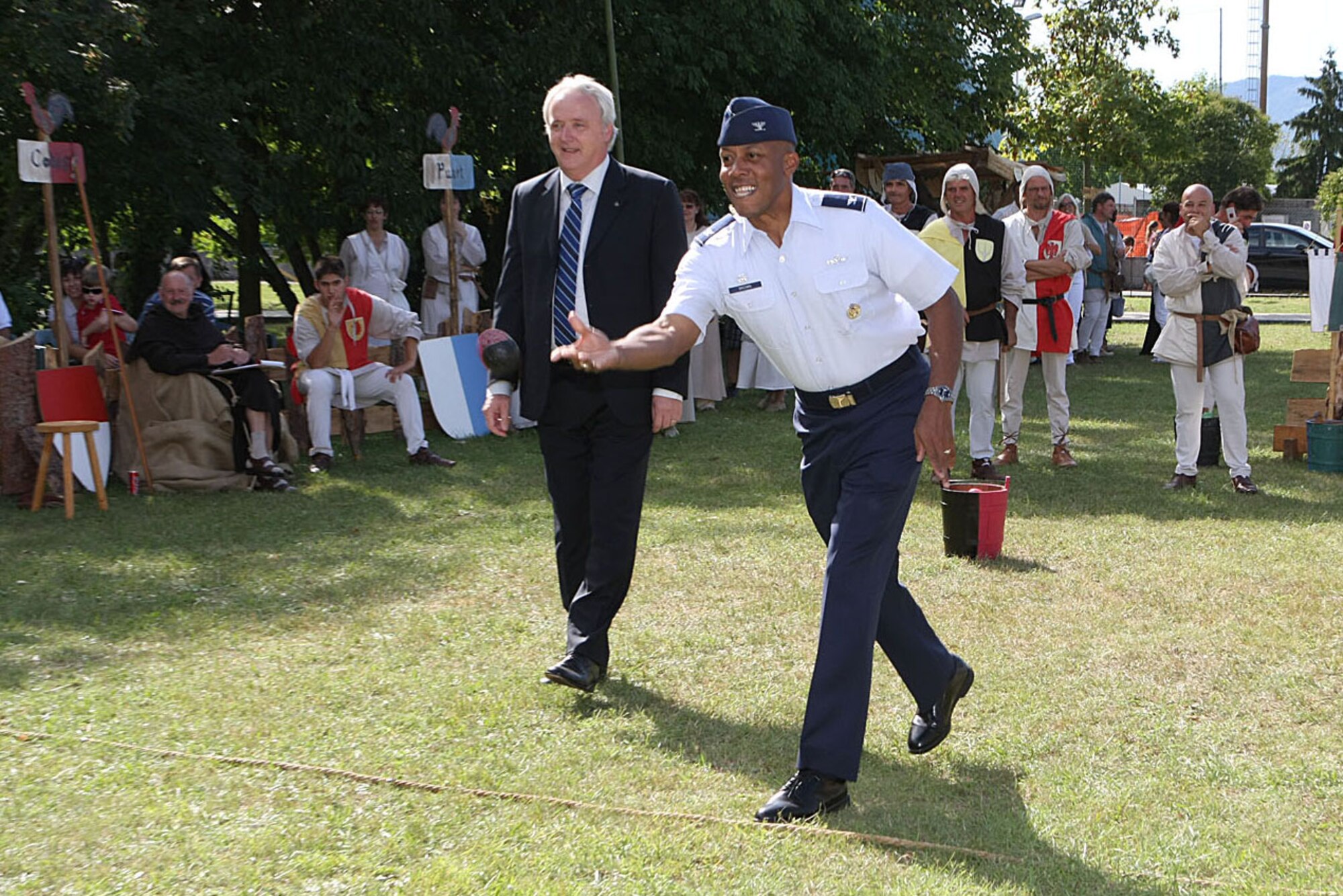 Col. Charles Q. Brown Jr., 31st Fighter Wing commander, take part in one of many games available for participants who attended the 8th Annual Italian-American Friendship Festival held in Roveredo, Italy, Sept. 5, 2009.  The annual festival allowed American participants stationed at Aviano Air Base to meet and socialize with their Italian hosts while learning more about Italy's history and culture and sampling local cuisine.  (Courtesy photo/Michele Missinato)
