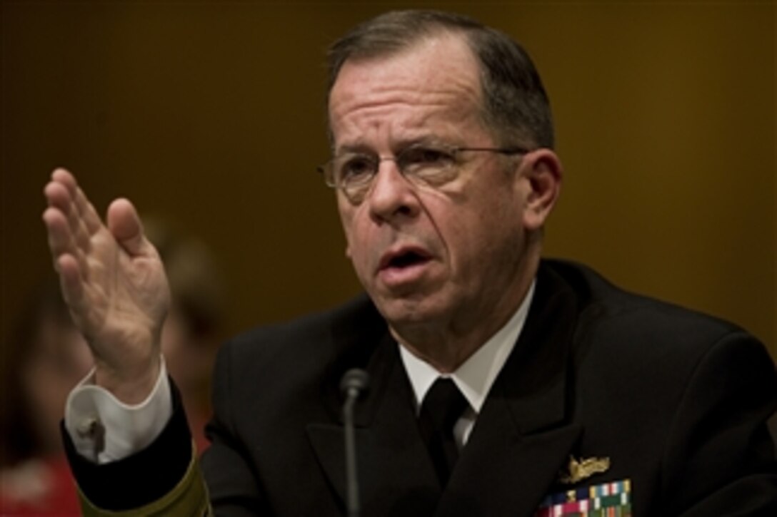 Chairman of the Joint Chiefs of Staff Adm. Mike Mullen, U.S. Navy, answers questions during his reconfirmation hearings for a second term at the Dirksen Senate Office Building, Washington, D.C., on Sept. 15, 2009.  