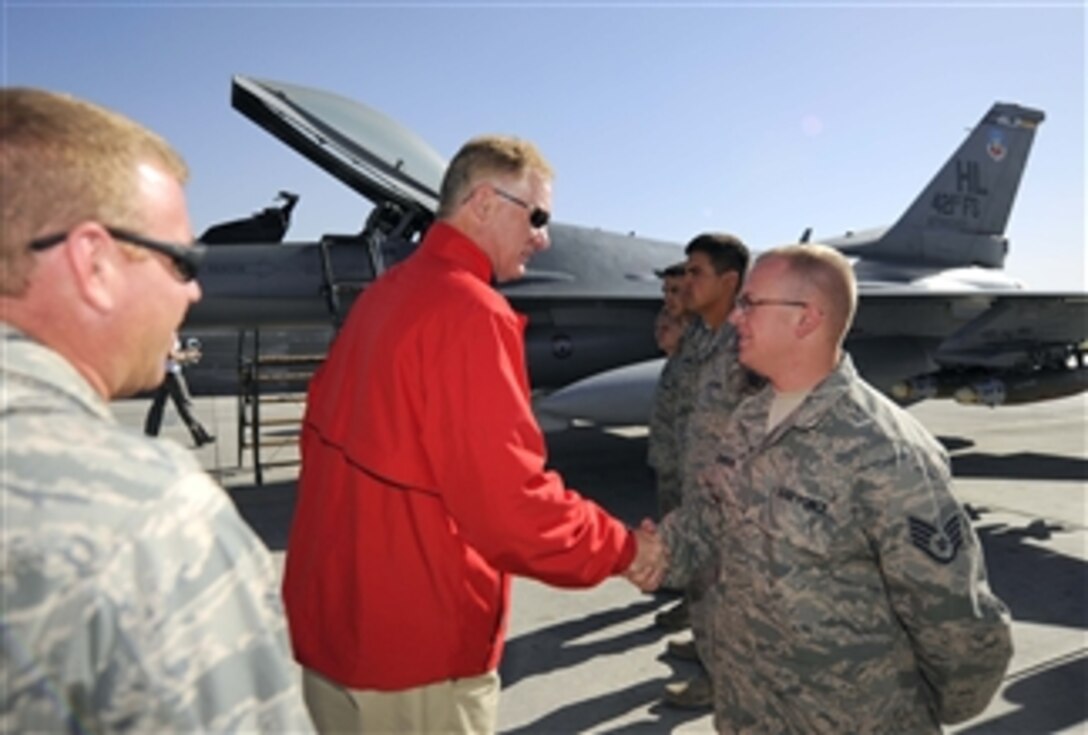 Deputy Secretary of Defense William J. Lynn III talks with airmen from the 455th Air Expeditionary Wing during a visit to Bagram Air Base, Afghanistan, on Sept.10, 2009.  
