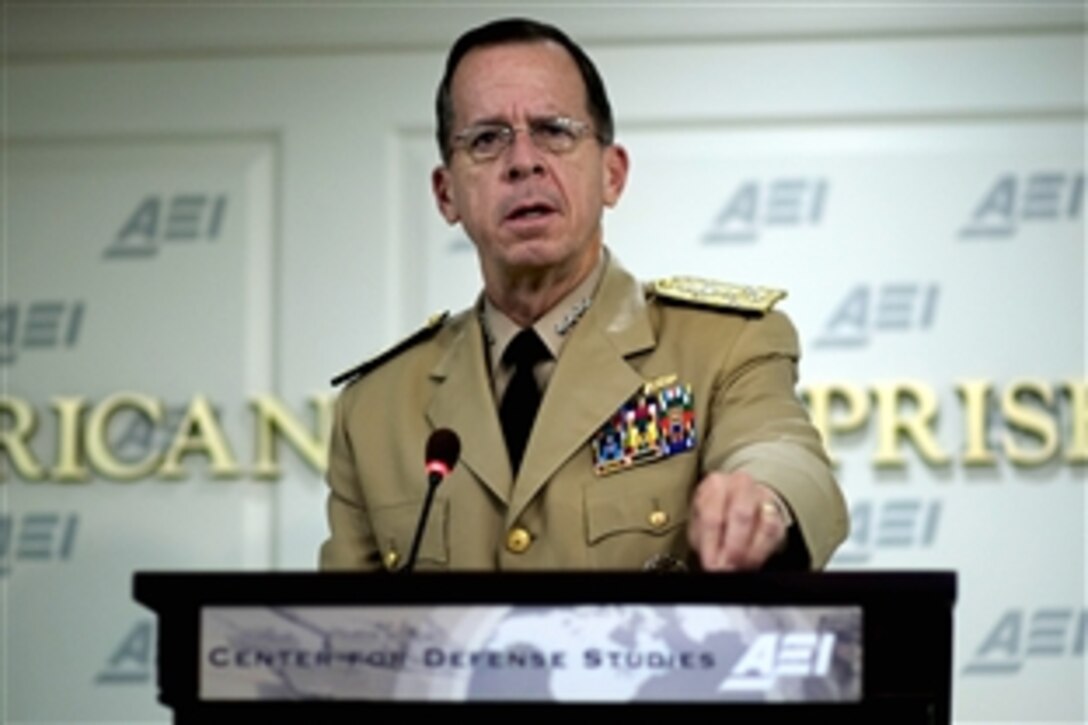 U.S. Navy Adm. Mike Mullen, chairman of the Joint Chiefs of Staff, addresses members of the American Enterprise Institute in Washington, D.C., Sept. 16, 2009. AEI, founded in 1943, is dedicated to research and education on issues of government, politics, economics, and social welfare.