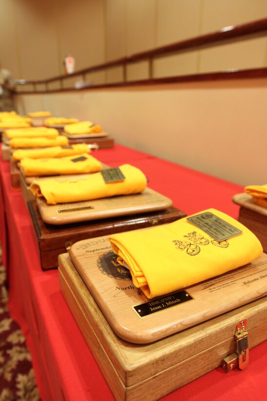 Thirty four indoctrination boxes are staged to be handed to every petty officer 1st class promoted to chief petty officer during a unique promotion ceremony Sept. 16 at the South Mesa Club, Camp Pendleton. The chief selects had to go through an induction process that is kept in private within the chief community.