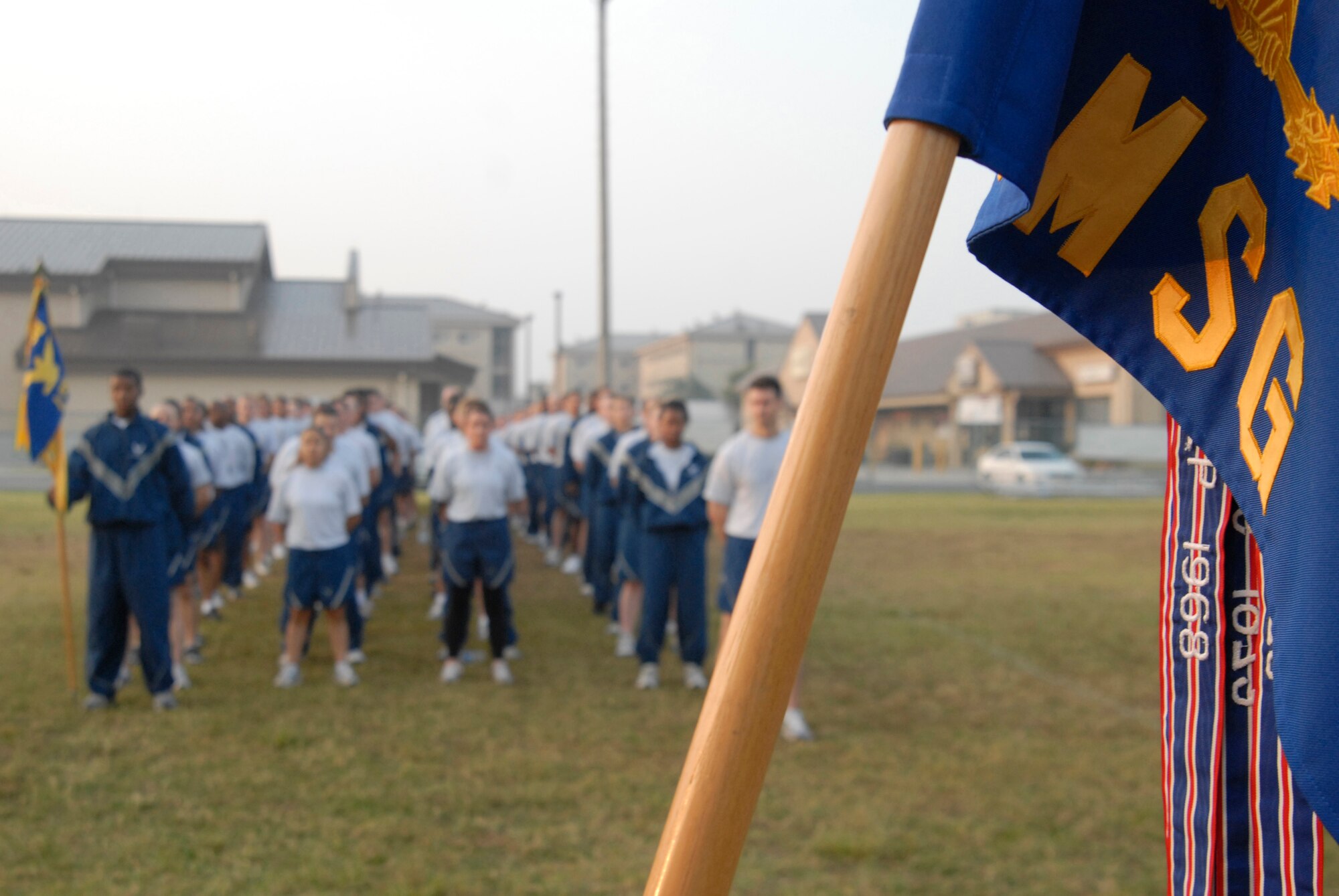 KUNSAN AIR BASE, Republic of Korea -- The 8th Logistics Readiness Squadron line up in formation after completing the 8th Mission Support Group fun run Sept 18. The 2.3 mile run was held in recognition of the Air Force's 62nd Birthday. Following the run, Col. Patrick Clements, 8th MSG commander, spoke to his group about the importance of the mission support group and how they fit into the 8th Fighter Wing mission. (U.S. Air Force photo/Staff Sgt. Darnell T. Cannady)