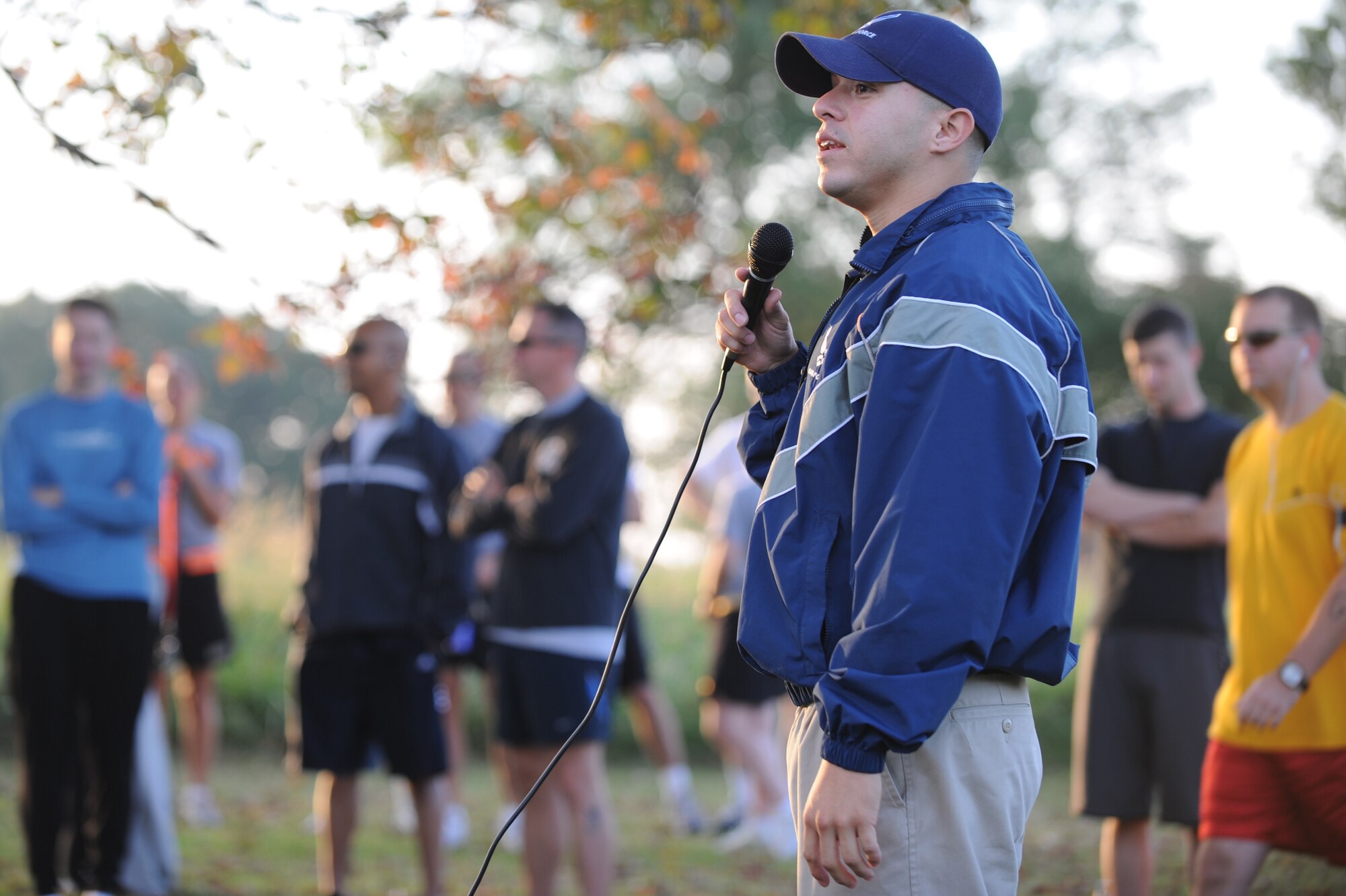 WHITEMAN AIR FORCE BASE, Mo. – Staff Sergeant Henry Lopez, 509th Services Squadron, briefs all of the runners for the 20k relay race on the course layout, Sept. 17. The Fitness Center host many different events for the base to encourage everyone to be fit to fight and to raise esprit de corps. (U.S. Air Force photo/Senior Airman Cory Todd)