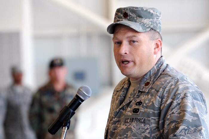NELLIS AIR FORCE BASE Nev.,--  Maj. Shane Henderson, 757th Aircraft Maintenance Squadron commander, speaks as the new 757th AMXS commander at its reactivation ceremony at Nellis, Sept. 17. This is the second aircraft maintenance squadron established under the 57th Maintenance Group with the purpose of providing focused aircraft maintenance. (U.S. Air Force photo by Airman 1st Class Brett Clashman)
