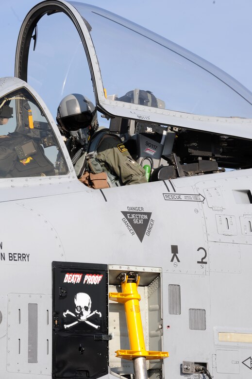 WHITEMAN AIR FORCE BASE, Mo. – Maj. Bryan Stone, 442nd Fighter Wing, waits to step off an A-10 Thunderbolt II, during the Phase II exercise, Sept. 16. The Phase II exercise is an annual mobility exercise, which inspects all areas of 442nd operations. (U.S. Air Force photo/Senior Airman Cory Todd)