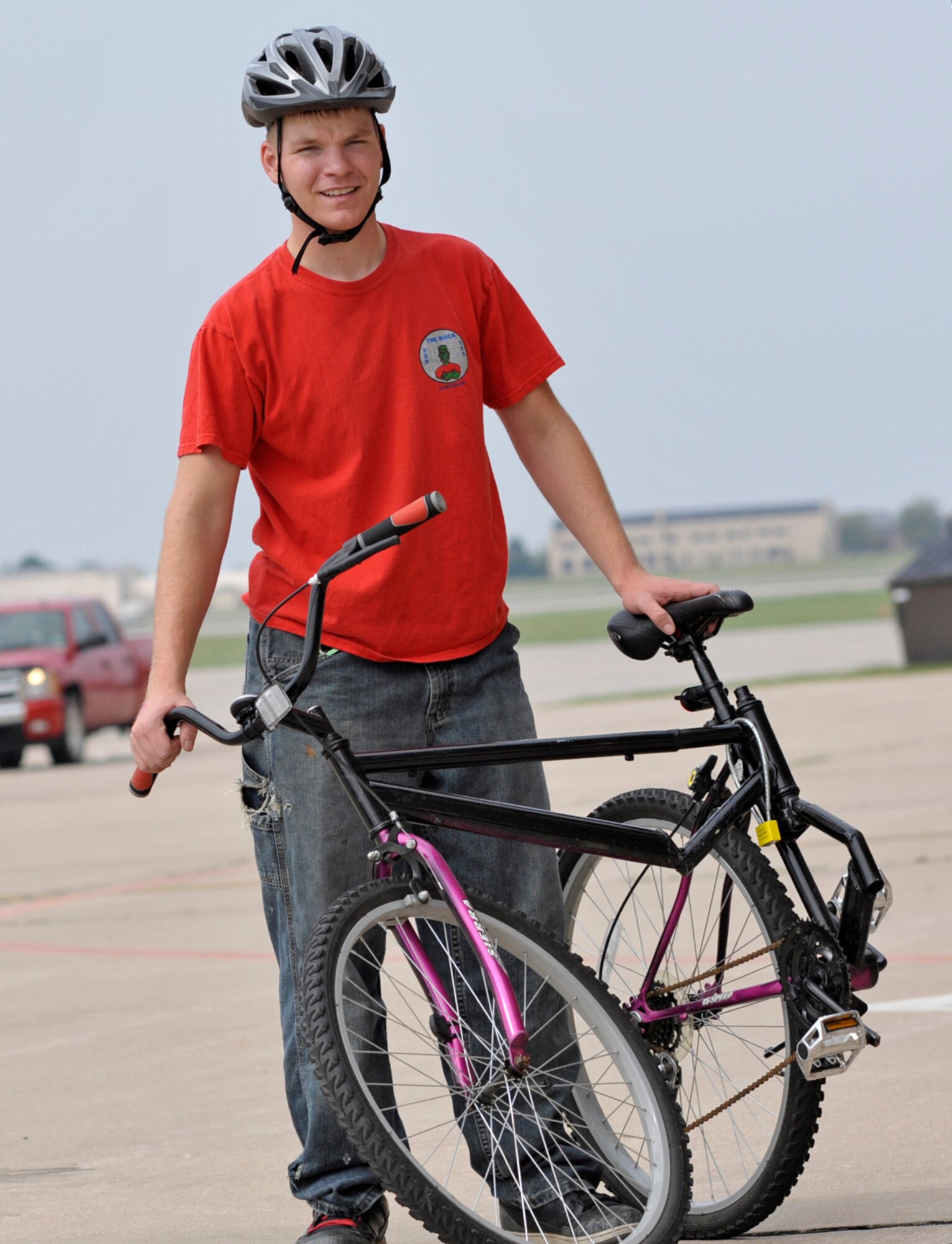 Senior Airman Cameron Keating created his custom "swing bike" with his engineering skills and direction from the Internet. He is a Reservist assigned to the 931st Civil Engineer Squadron at McConnell Air Force Base, Kan. (U.S. Air Force photo/Master Sgt. Jason Schaap) 