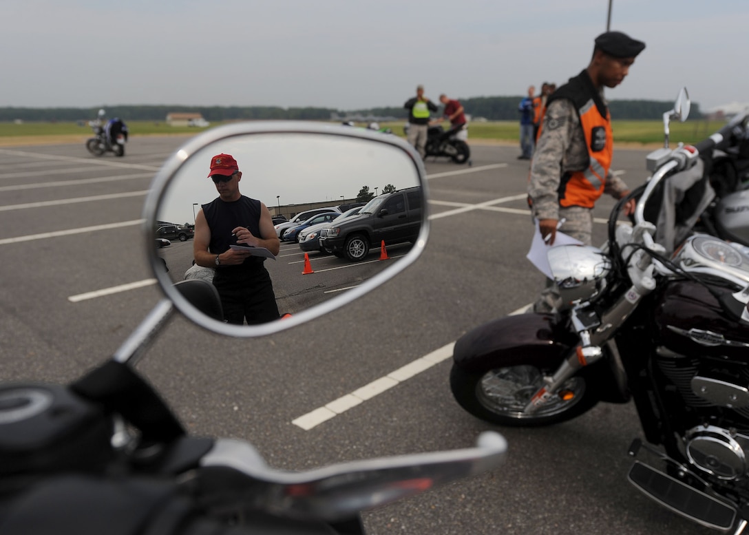 LANGLEY AIR FORCE BASE, Va. -- Master Sgt. Richard Thompson and Staff Sgt. Marvin Kelker, 1st Security Forces Squadron, inspect motorcycles before Langley's first Air Force Birthday Motorcycle Ride here Sept. 16. All proceeds from the ride were donated to Operation Warm Heart, a year-round program designed to assist Airmen and their families.  (U.S. Air Force photo/Airman Rebecca Montez)