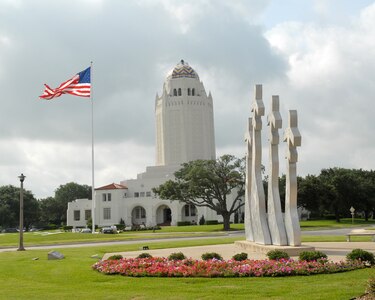12th Flying Training Wing Headquarters, (better known as "The Taj") and the missing man monument in the morning sun. (U.S. Air Force photo/Rich McFadden)