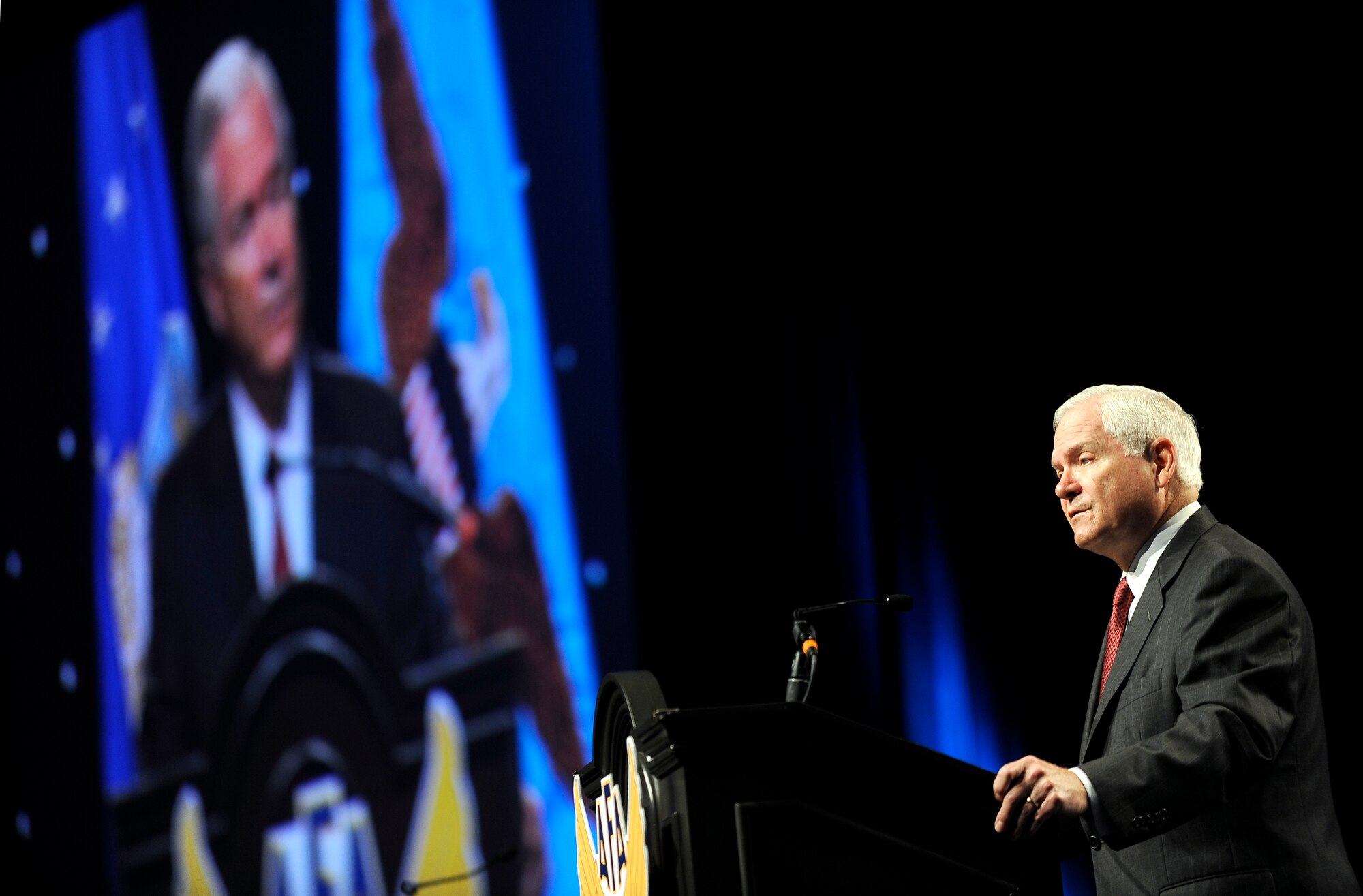 Secretary of Defense Robert M. Gates speaks during the Air Force Association's 2009 Air and Space Conference and Technology Exposition in Washington, D.C., Sept. 16, 2009. The three-day conference features more than 130 exhibitors and more than three dozen speakers and panelists, discussing topics of interest in Air Force and aerospace development. (Department of Defense Photo/Cherie Cullen)