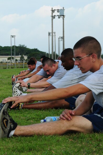 Members of the 18th Logistics Readiness Squadron vehicle maintenance flight perform stretches as part of their routine cool down after a typical 5K run. The flight’s vision is to build a culture that embraces the concept of Fit to Fight and Fit for Life.

(U.S. Air Force photo/Staff Sgt. Lakisha A. Croley)
