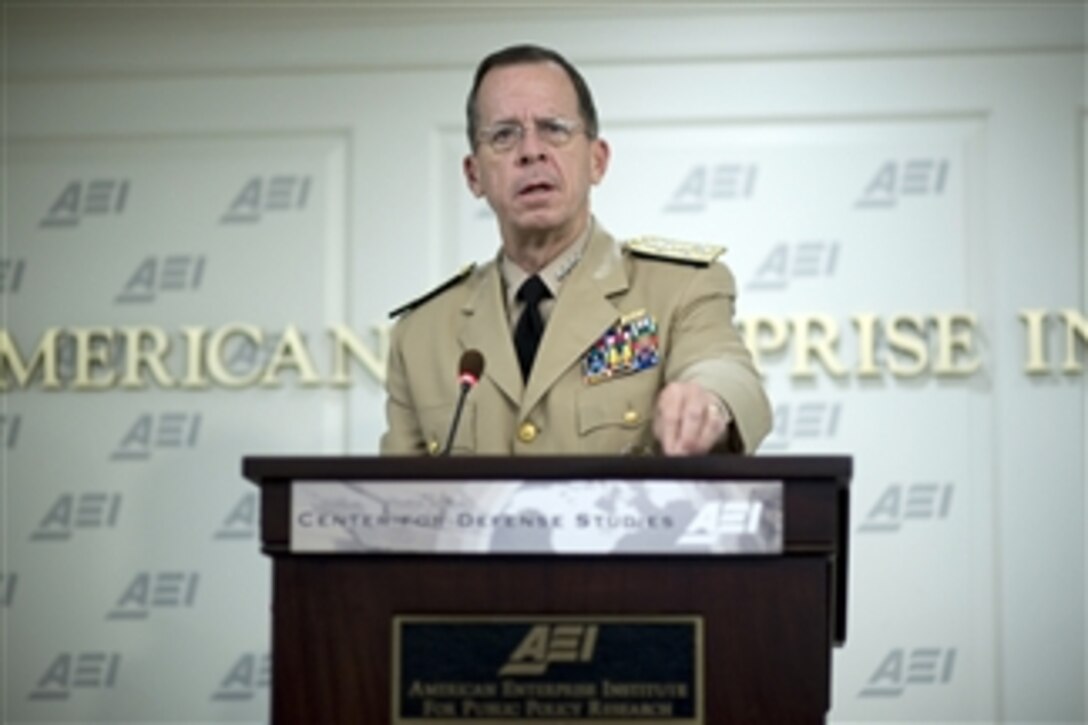 Chairman of the Joint Chiefs of Staff Adm. Mike Mullen, U.S. Navy, addresses members of the American Enterprise Institute in Washington, D.C., on Sept. 16, 2009.  The American Enterprise Institute, founded in 1943, is dedicated to research and education on issues of government, politics, economics, and social welfare.  