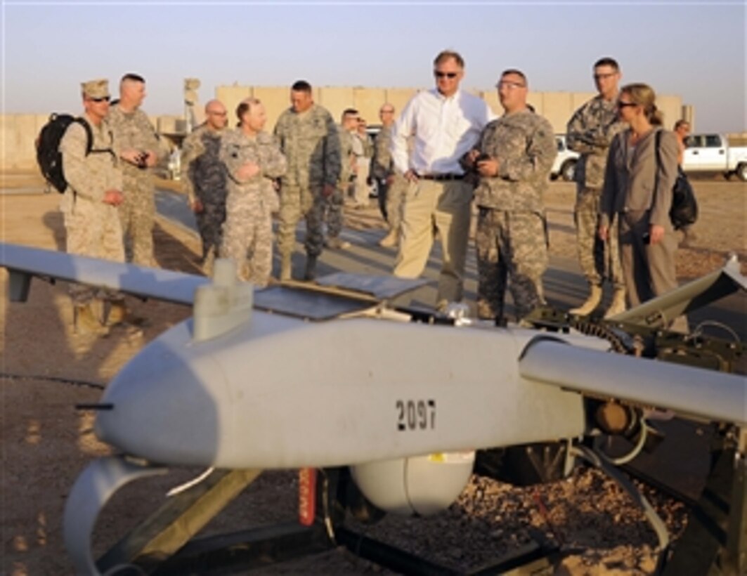 Deputy Secretary of Defense William J. Lynn III is given an Unmanned Aerial Vehicle brief by soldiers of the 172nd Infantry Brigade who launch and recover them at Field Operating Base Kalsu outside of Baghdad, Iraq, on Sept. 11, 2009.  