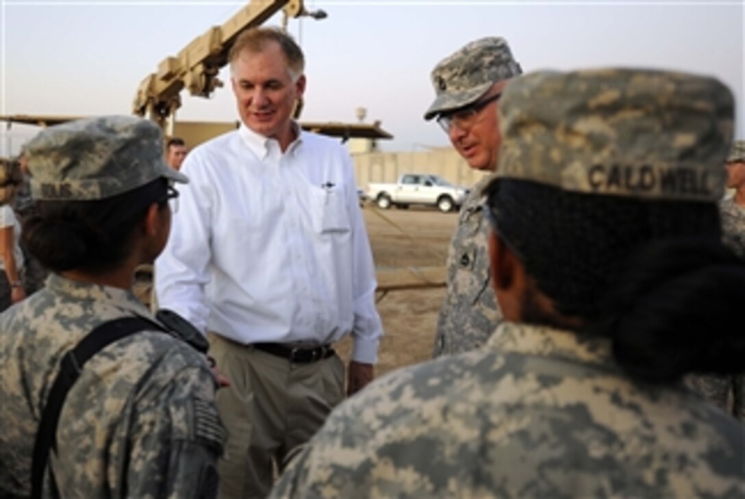 Deputy Secretary of Defense William J. Lynn III thanks soldiers of the 172nd Infantry Brigade's Route Clearance Teams for their outstanding service at Field Operating Base Kalsu outside of Baghdad, Iraq, on Sept. 11, 2009.  