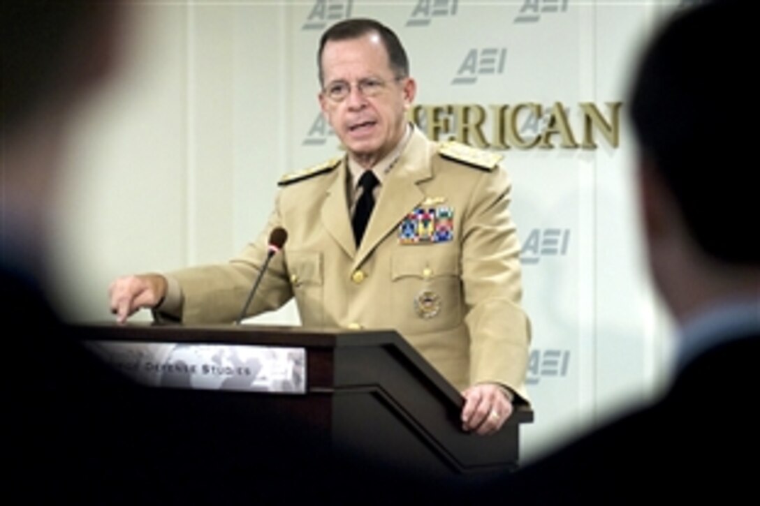 U.S. Navy Adm. Mike Mullen, chairman of the Joint Chiefs of Staff, addresses members of the American Enterprise Institute in Washington, D.C., Sept. 16, 2009. The institute, founded in 1943, is dedicated to research and education on issues in government, politics, economics, and social welfare.