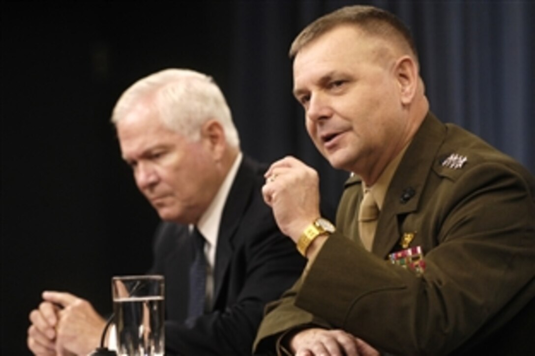 Marine Gen. James E. Cartwright, vice chairman of the Joint Chiefs of Staff, right, and Defense Secretary Robert M. Gates answer questions from reporters during a press briefing at the Pentagon, Sept. 17, 2009.