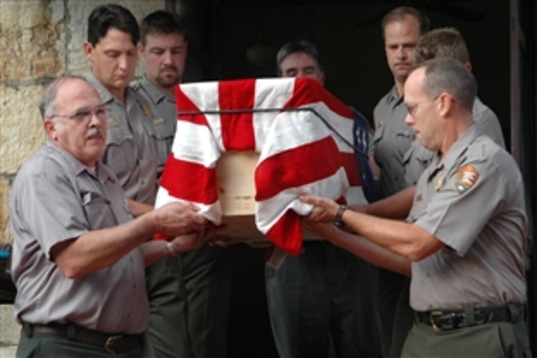 Antietam National Battlefield National Park Service rangers carry a coffin containing the remains of an unknown Civil War soldier found on the Antietam National Battlefield during a ceremony Sept. 15, 2009. The soldier was believed to be between 17 and 19 years old, based on forensic analysis, when he was killed during the Civil War's single bloodiest day. The soldier's remains will be transferred to New York for burial with full military honors.