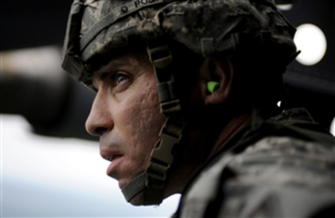 U.S. Army Maj. Geraldi surveys the drop zone from aboard a U.S. Air Force C-17 Globemaster III aircraft prior to a jump mission over Fort Bragg, N.C., during Joint Forcible Entry Exercise on Aug. 24, 2009.  The joint airdrop exercise is designed to enhance service cohesiveness between the Army and the Air Force.  