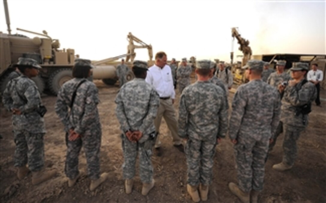 Deputy Secretary of Defense William J. Lynn III thanks soldiers of the 172nd Infantry Brigade's Route Clearance Teams for their outstanding service at Field Operating Base Kalsu outside of Baghdad, Iraq, on Sept. 11, 2009.  