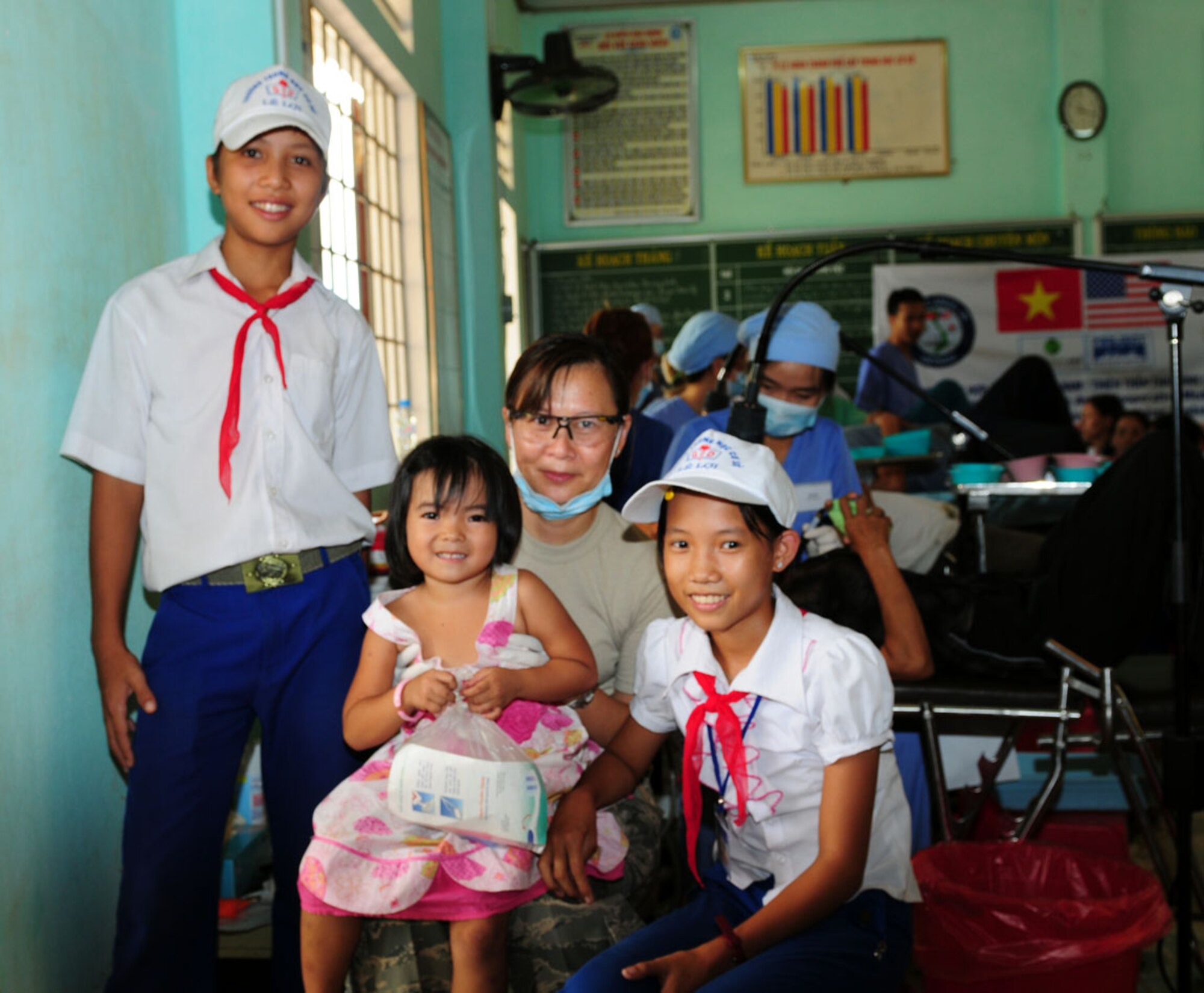 Maj. (Dr.) Diep Le, a dentist and Air Force Reservist from Travis Air Force Base, Calif., makes time Sept. 18 for some Vietnamese children who received dental care as part of Operation Pacific Angel 2009 in Quang Tri Province, Vietnam.  Dr. Le is part of a team of Air Force medical professionals and civil engineers in Vietnam providing humanitarian assistance in cooperation with local authorities to Quang Tri Province residents Sept. 15 to 24. Pacific Angel is a Pacific Air Forces operation led by 13th Air Force at Hickam Air Force Base, Hawaii. The joint and combined humanitarian assistance operation is conducted in the Pacific area of responsibility to support U.S. Pacific Command’s capacity-building efforts. (U.S. Air Force photo/Tech. Sgt. Kerry Jackson)