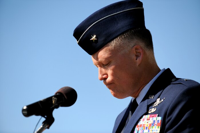 NELLIS AIR FORCE BASE, Nev.-- Brig. Gen. Kevin McLaughlin, United States Air Force Warfare Center vice commander, speaks at the 2009 National Prisoners of War/Missing in Action Recognition Day ceremony at Freedom Park, here, Sept. 18. The ceremony is held annually for surviving veterans and those that never returned from combat.(U.S. Air Force photo by Airman 1st Class Brett Clashman)
