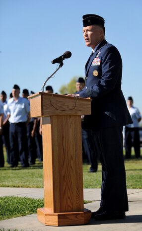 NELLIS AIR FORCE BASE Nev.,-- Brig. Gen. Kevin McLaughlin, United States Air Force Warfare Center vice commander, gives the keynote address during the 2009 Prisoner of War/Missing in Action Ceremony at Freedom Park on Nellis Air Force Base, Nev., Sept. 18. The ceremony is held annually for surviving veterans and those that never returned from combat.
(U.S. Air Force photo by Airman 1st Class Brett Clashman)
