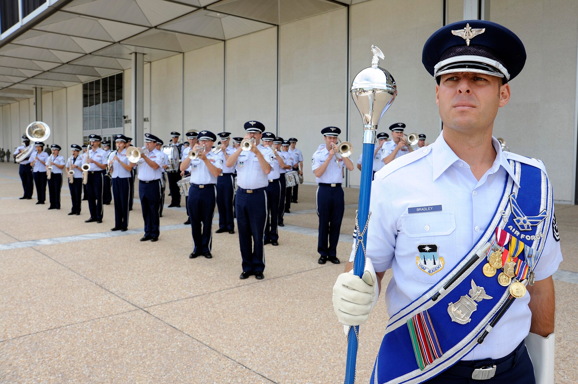 Master Sgt. Karl Bradley leads the Air Force Academy Band during a parade in honor of the Air Force's 62nd birthday at the U.S. Air Force Academy in Colorado Springs, Colo., Sept. 18, 2009. (U.S Air Force photo/Mike Kaplan)
