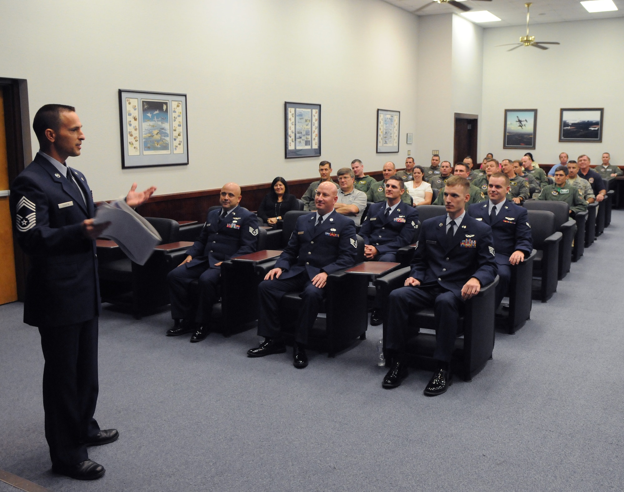 Randolph AFB, TX, 18 Sep 09:  Chief Master Sergeant James Guertin, Air Force Personnel Center Command Career Enlisted Force Manager for Unmanned Aerial Systems Opertaors, Gives the commencement speach at the first ever Basic Sensor Operators Course graduation.  (U.S. Air Force photo by Rich McFadden)
