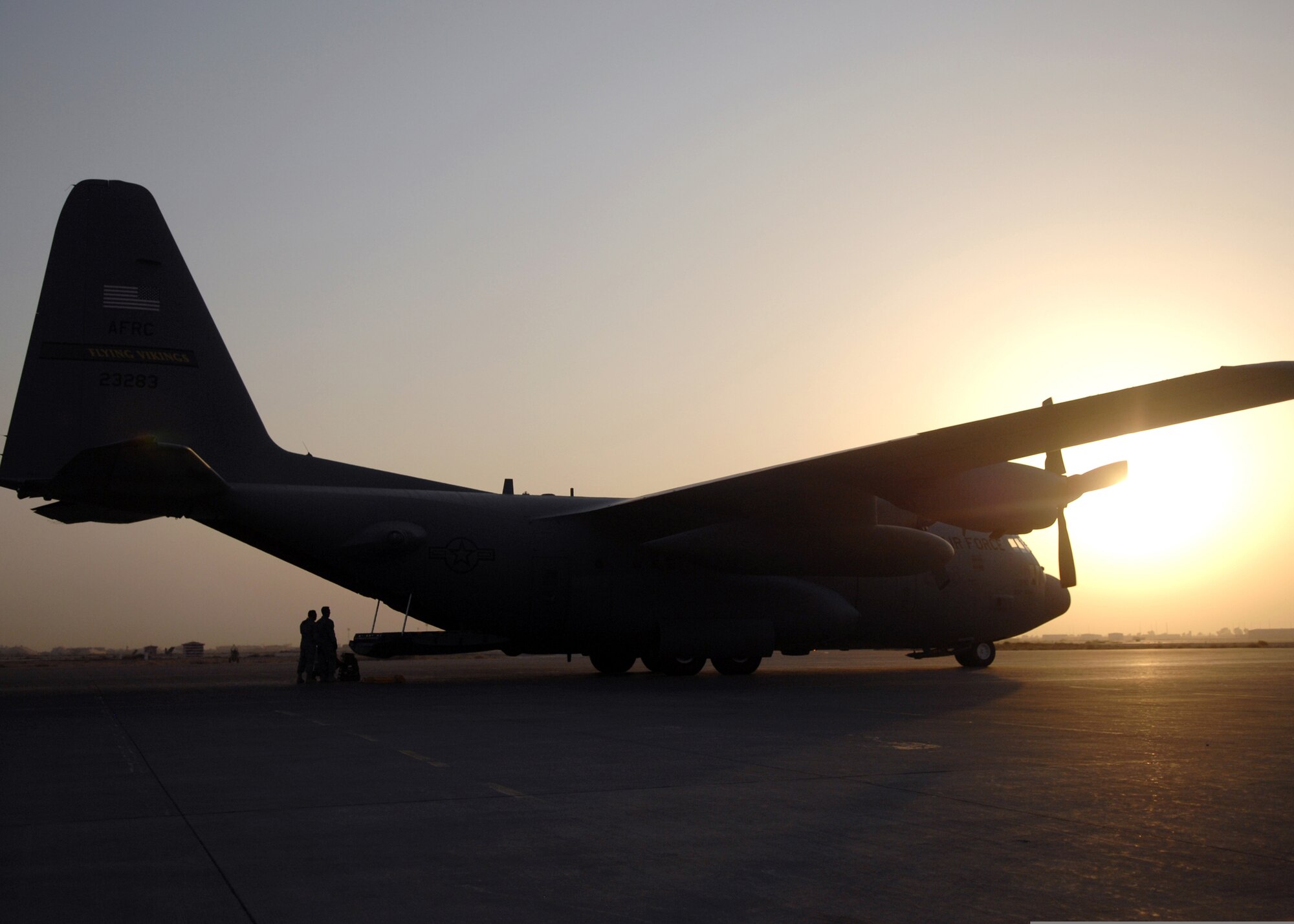 Airmen from the 332nd Expeditionary Logistics Readiness Squadron prepare to unload baggage pallets from a C-130 Hercules at the north runway at Joint Base Balad, Iraq, on Aug. 26, 2009. The 332nd ELRS works with C-5 Galaxies, C-130 Hercules, and C-17 Globemasters for airlift and cargo operations at Balad. (U.S. Air Force Photo/Senior Airman Christopher Hubenthal)
