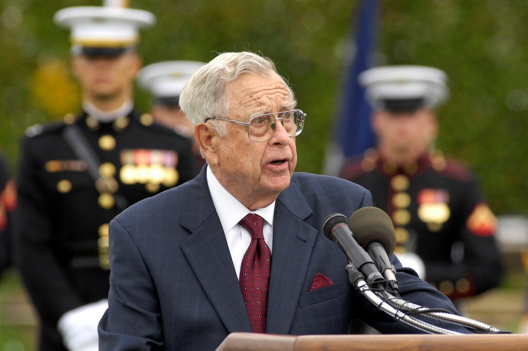 SRetired Rear Adm. Jeremiah A. Denton recalls his almost eight years of captivity in a North Vietnam prison camp during the National POW/MIA Recognition Day at the Pentagon, Sept. 18, 2009. (Department of Defense photo/Robert D. Ward)
